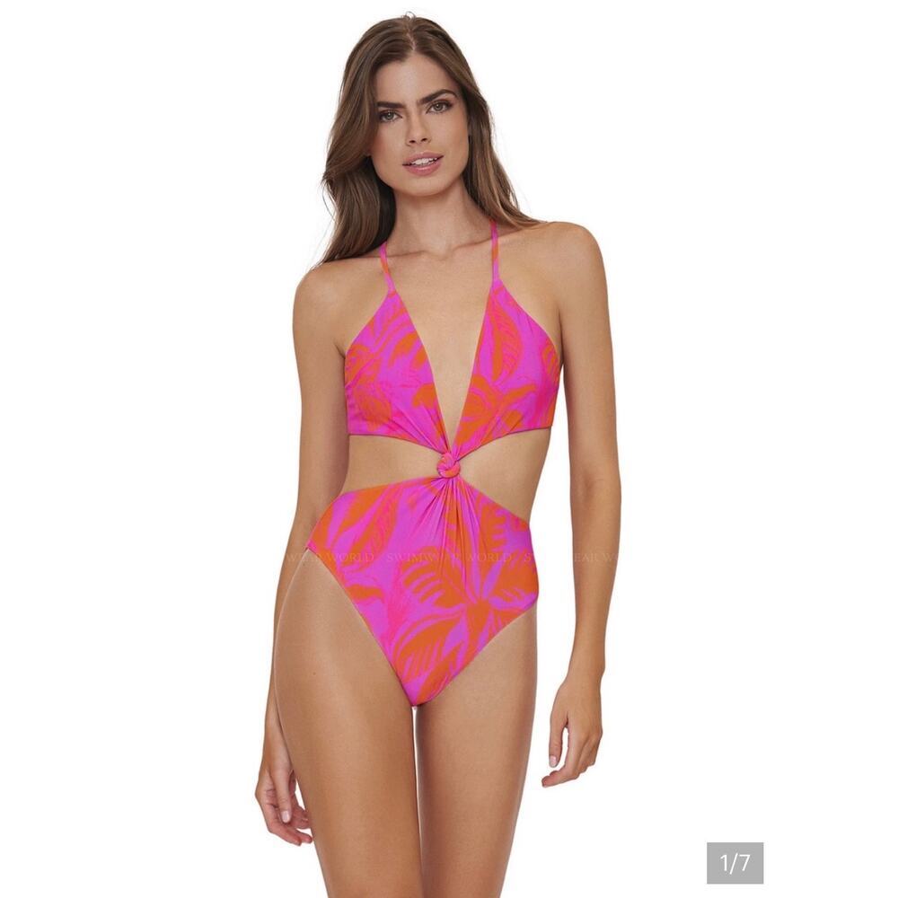 PQ Swim Hawaiian Print Knot Cutout One Piece Swimsuit Pink Orange Size L NWT